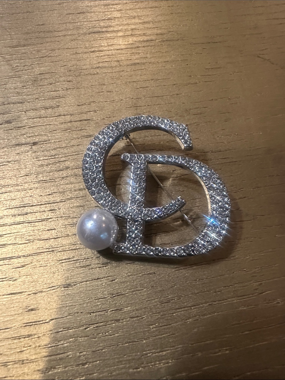 FASHION- Silver Crystal Monogram Brooch with Pearl Accent - Women Jewelry